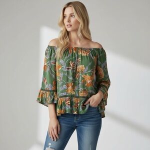 FEVER | Green Woven Ruffled Pleated Bell-Sleeve Dotted Floral Scoop Neck…